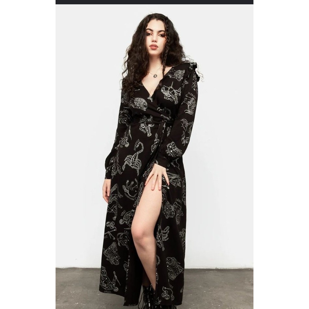 Women's Disturbia 6 Zodiac Maxi Wrap Dress Black Silver Foil Celestial Goth